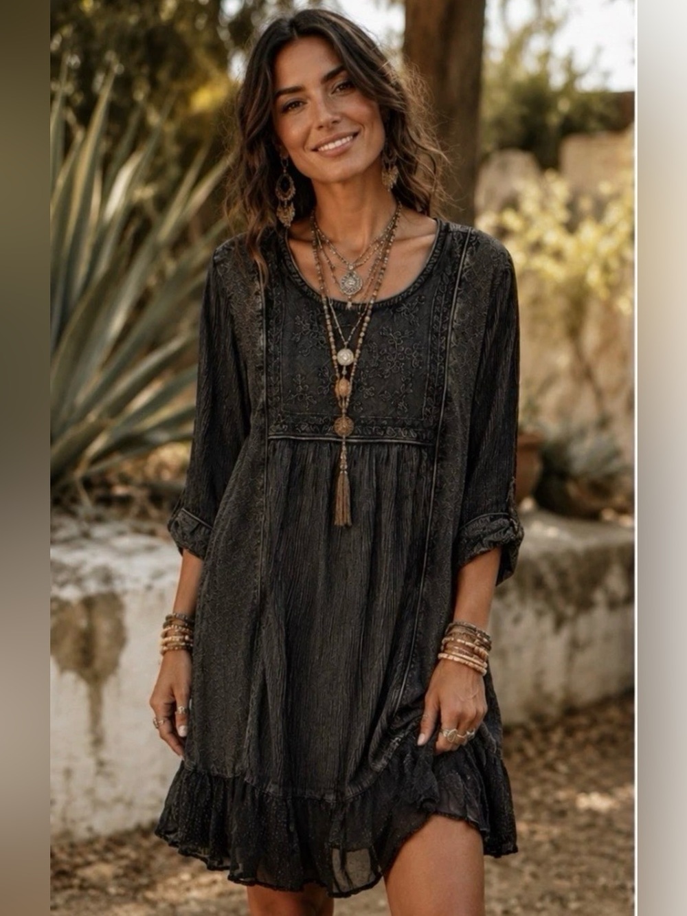 H047 NWT Young Threads XL pp22 Boho Black  Embroidered Tiered Dress